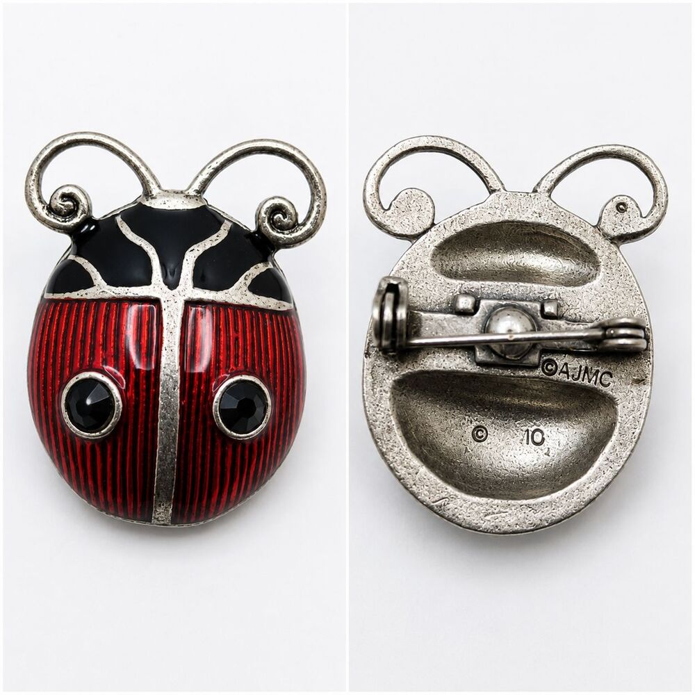 Vintage AJMC Ladybug Brooch Pin Red Black Enamel Rhinestone Silver Tone Insect